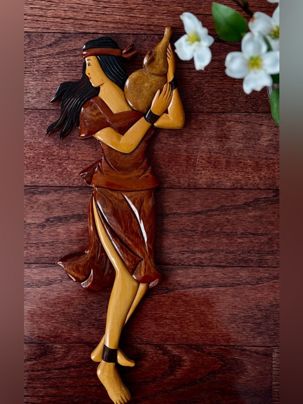 Vintage Hand Crafted 3D Intarsia 🌺 Wood Wall Art Woman Girl With Gourd